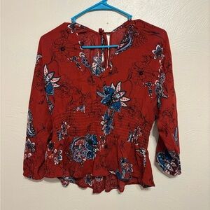 🍁 Gypsies & Moondust Rust Floral Smocked Peplum Blouse – Size L